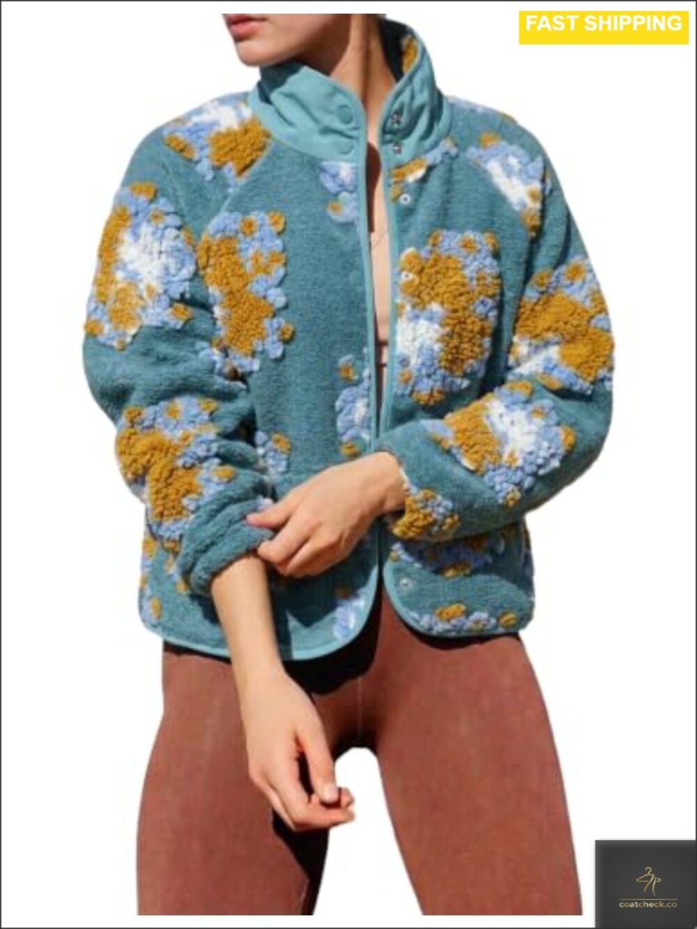Floral Fleece Jacket Warm Button Down Sherpa Coat Fall Layering